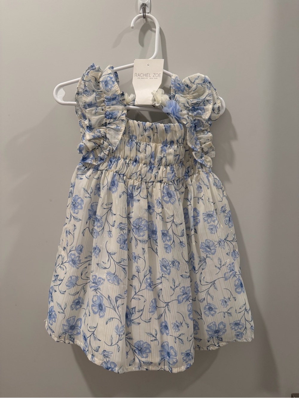 NWT 24 Months Girls Rachel Zoe White/Blue Floral Ruffle-Shoulder Dress &Headband